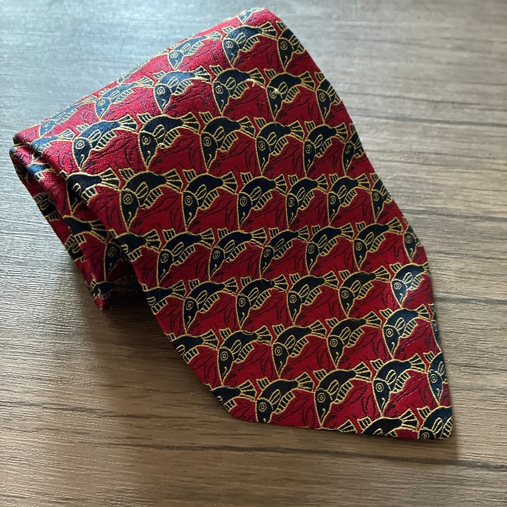 M.C. Escher Fish Tessellation Silk Tie One Size Red Navy Mens Made in Italy